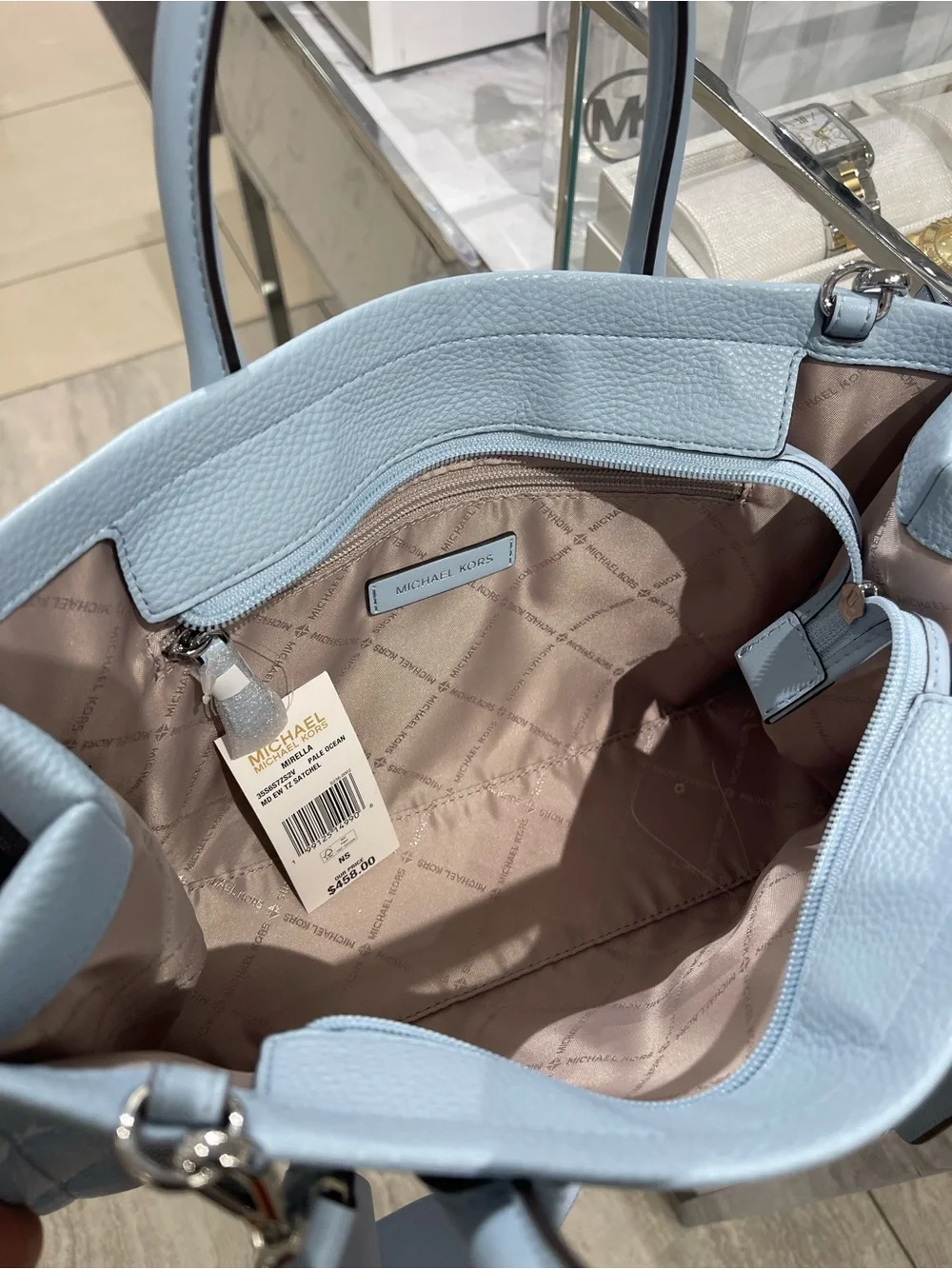 Michael Kors Mirella Md Logo Debossed EW Top Zip Satchel Shouldr Tote Pale Ocean